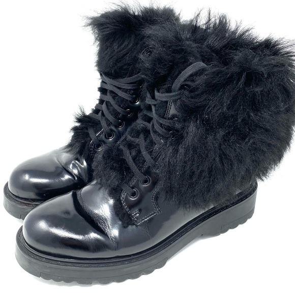 PRADA BLACK LEATHER AND FUR PLATFORM MOTO COMBAT BOOT SZ 7 or EU 37 - Picture 1 of 14